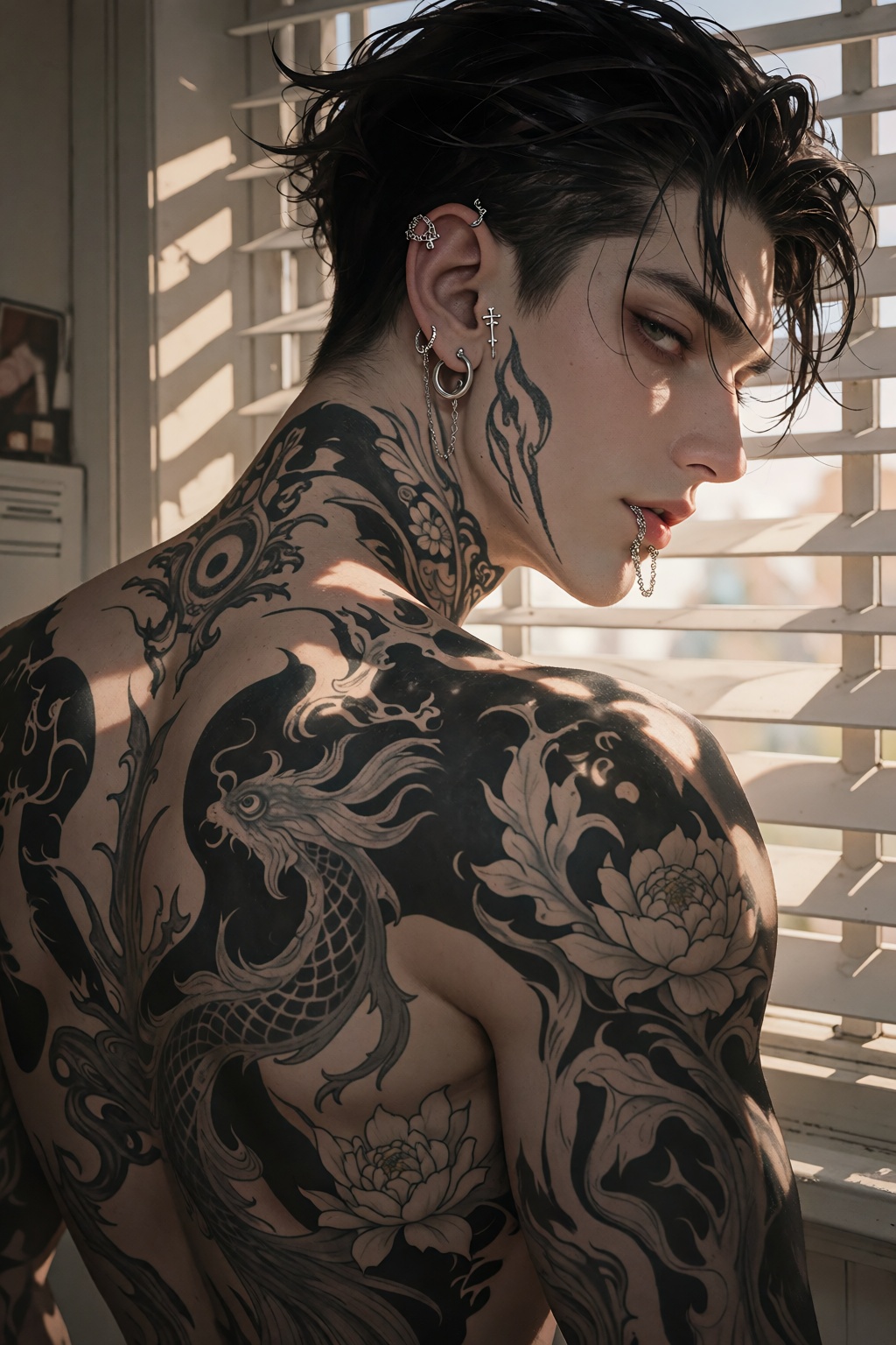主体：暗黑纹身男性侧颜特写插画,  大面积刺青与光影打造出又野又颓的禁欲氛围,  细腻笔触更添张力。 造型：露出背部与颈部大面积黑灰刺青（包含锦鲤、牡丹与图腾纹样） on Tensor.Art