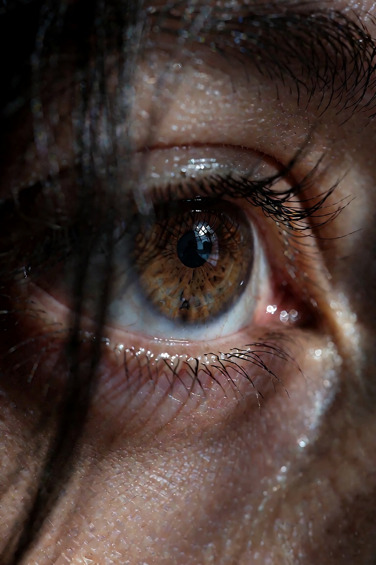 An extreme tight macro photograph focusing on a single human eye and the side of the nose bridge. In the immediate foregro...
