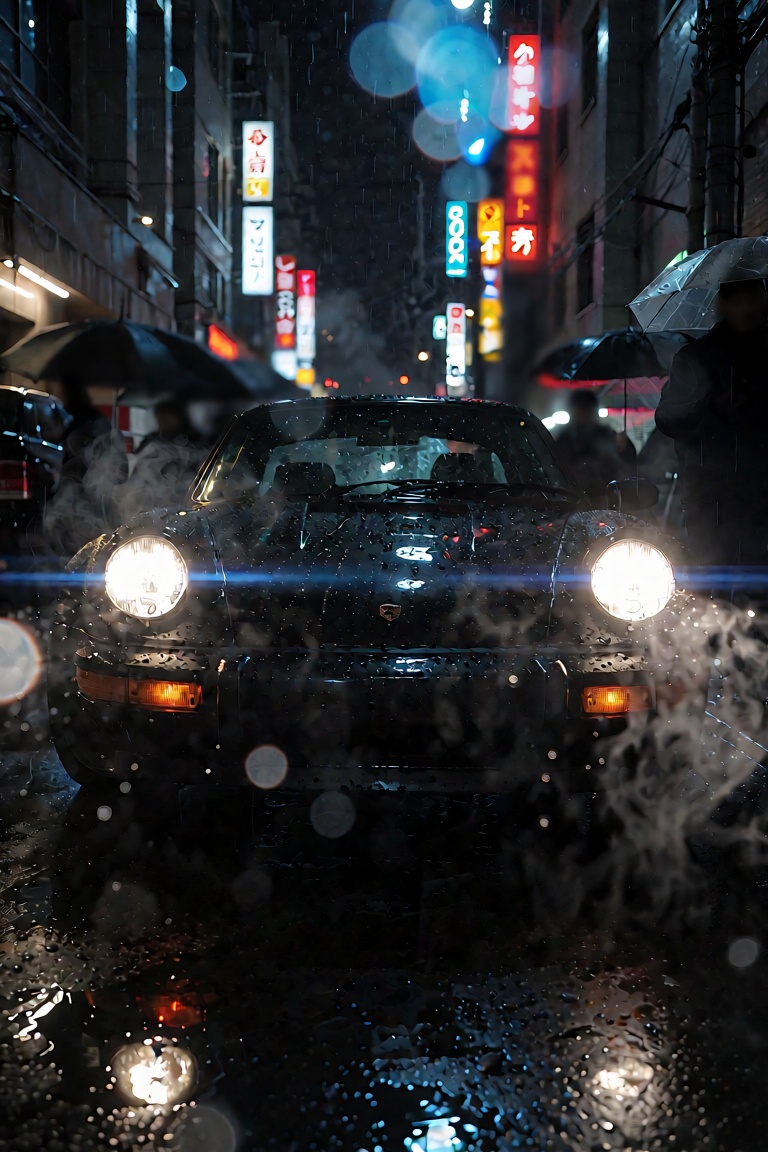 A wide-angle cinematic master shot of a rain-slicked Tokyo alleyway at midnight,  shot from a low-ground perspective. In t...