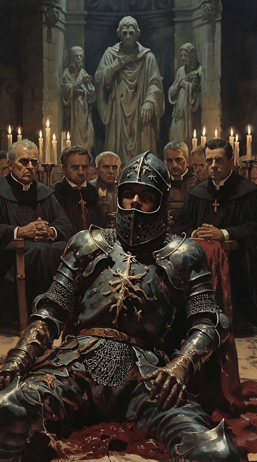 A fallen knight clad in dark,  battered armor,  standing defiantly before a council of stern-faced clerics. The knight’s h...