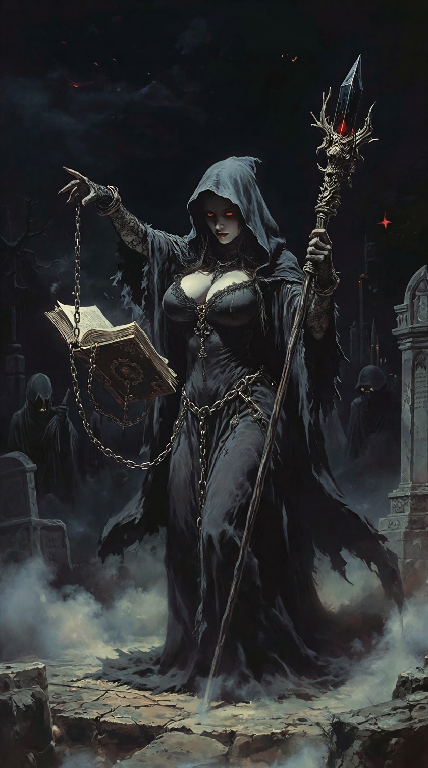 dark fantasy style,  a mage in gothic robe with tattered hem,  and lace gloves on Tensor.Art