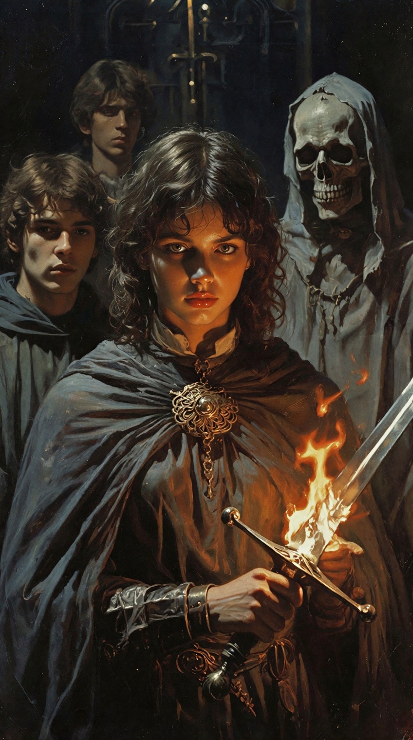 dark fantasy art style,  a dramatic close-up portrait low angle shot painting of young woman,  dressed in robes and adorne...