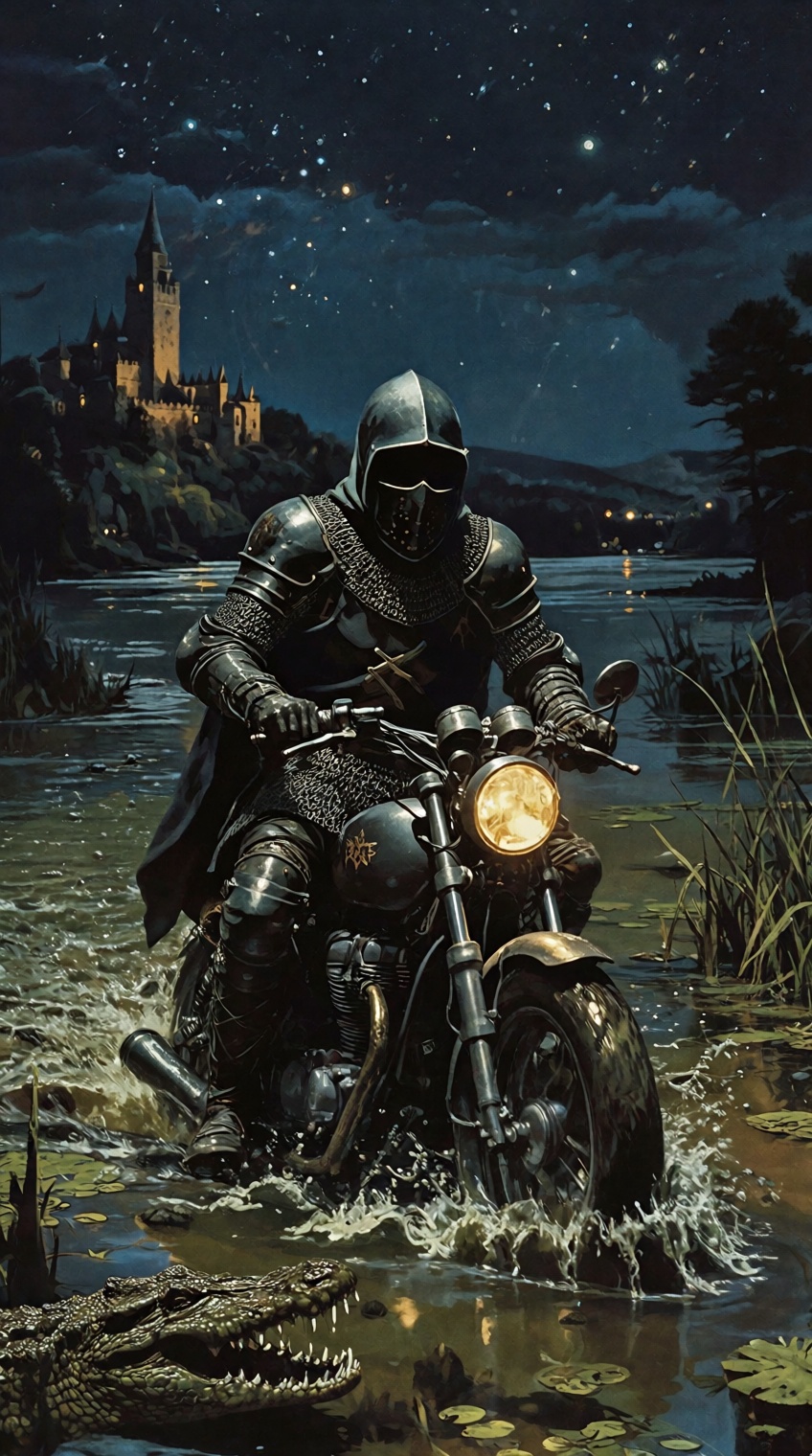 A medieval knight in black armor and hooded,  riding a motorcycle through a swamp lake. The scene is bathed in the glow of...