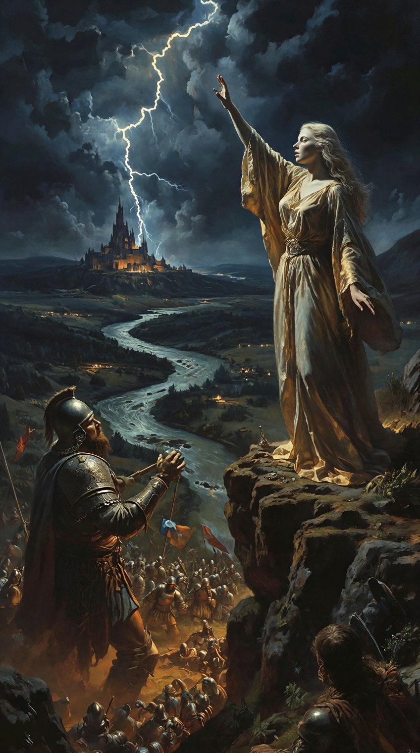 A pale woman in a flowing golden robe stands atop a cliff,  her hand raised in command. Below her,  a colossal warrior obe...