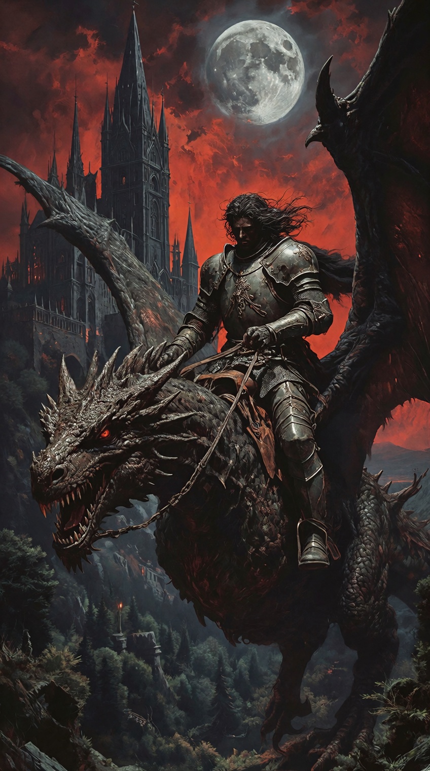 A highly detailed panoramic photograph of a knight in ornate,  weathered armor riding atop a massive dragon,  soaring befo...