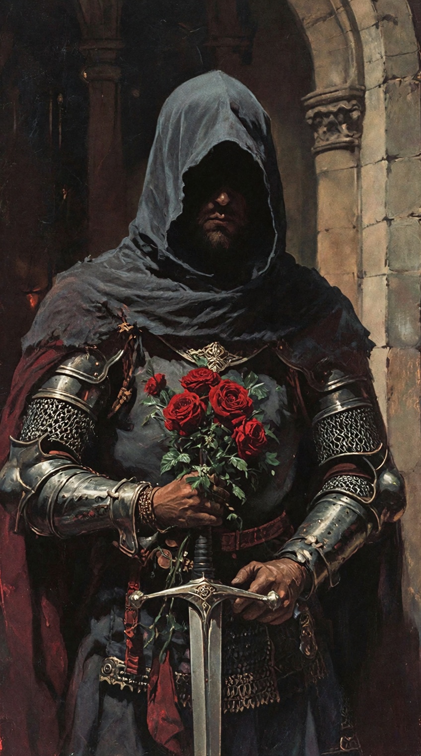 dark fantasy art style,  A painting of medieval knight shrouded in dark robes,  his head and face obscured by a thick hood...