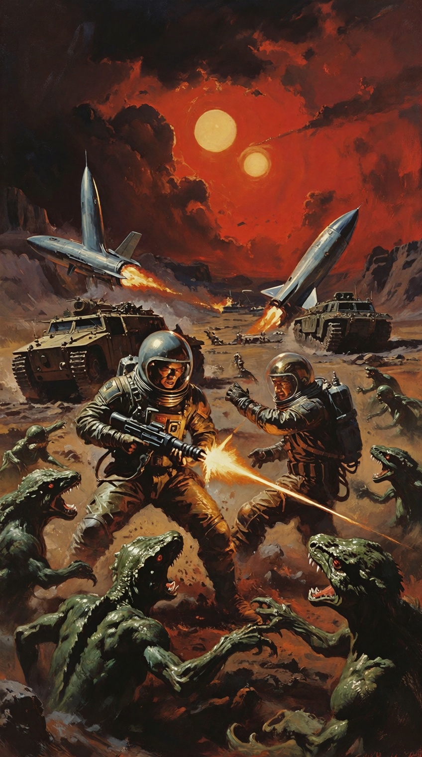 A vintage pulp sci-fi magazine cover illustration,  in the style of 1960s science fiction and fantasy art by Frank Frazett...