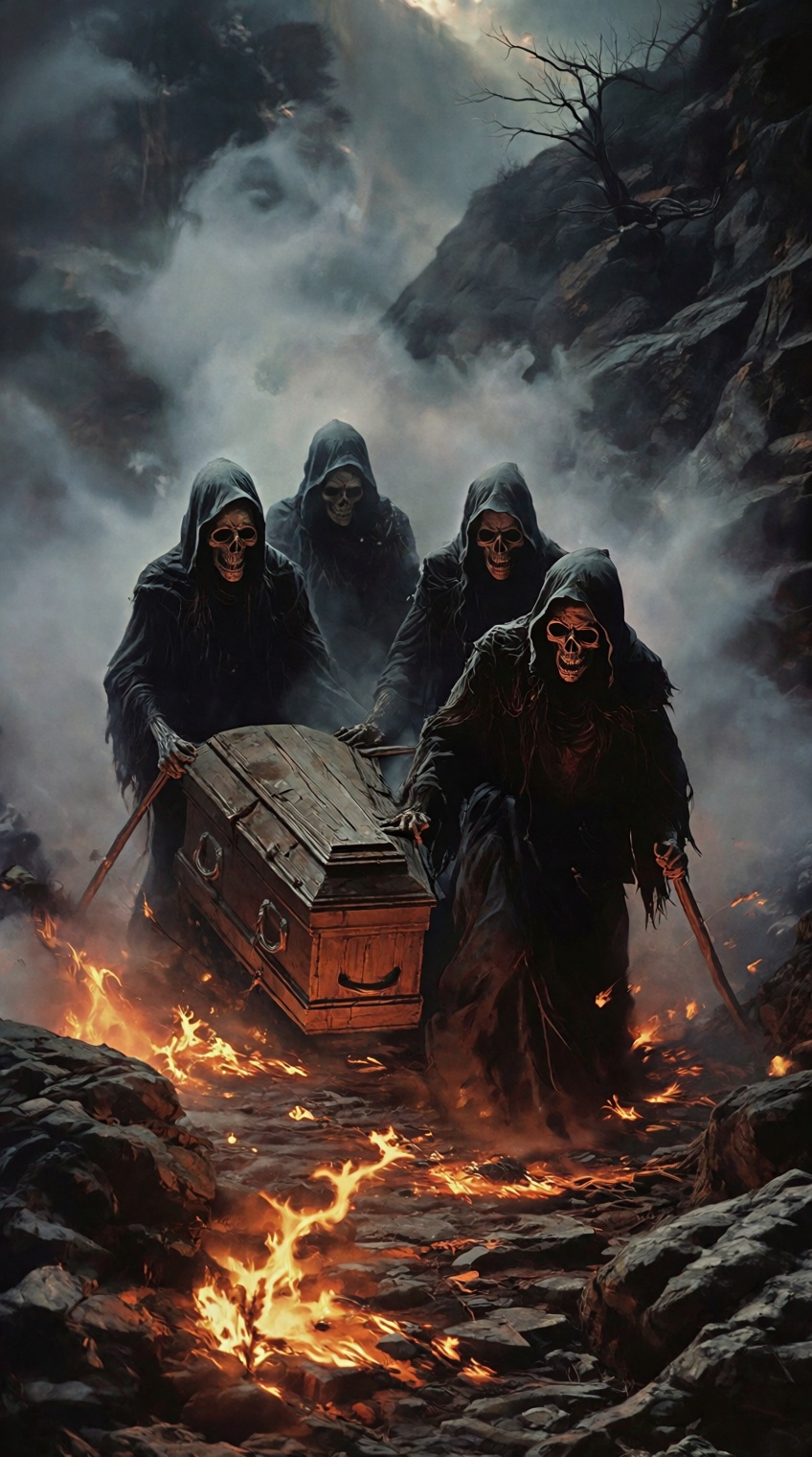 Four gaunt Grim Reapers,  their skeletal faces illuminated only by the flickering flames that dance across the mist-shroud...