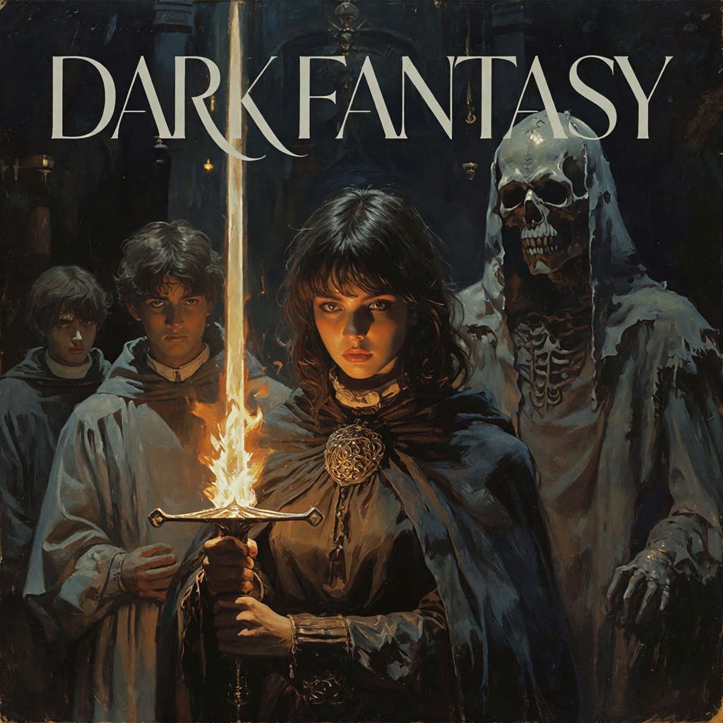 Dark fantasy art style painting,  dramatic low-angle close-up portrait. At the top of the frame,  the title "DARK FANTASY"...