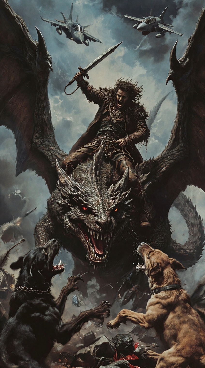 dark fantasy art style poster of man riding a dragon during a dog fight with two jets in the sky. on Tensor.Art