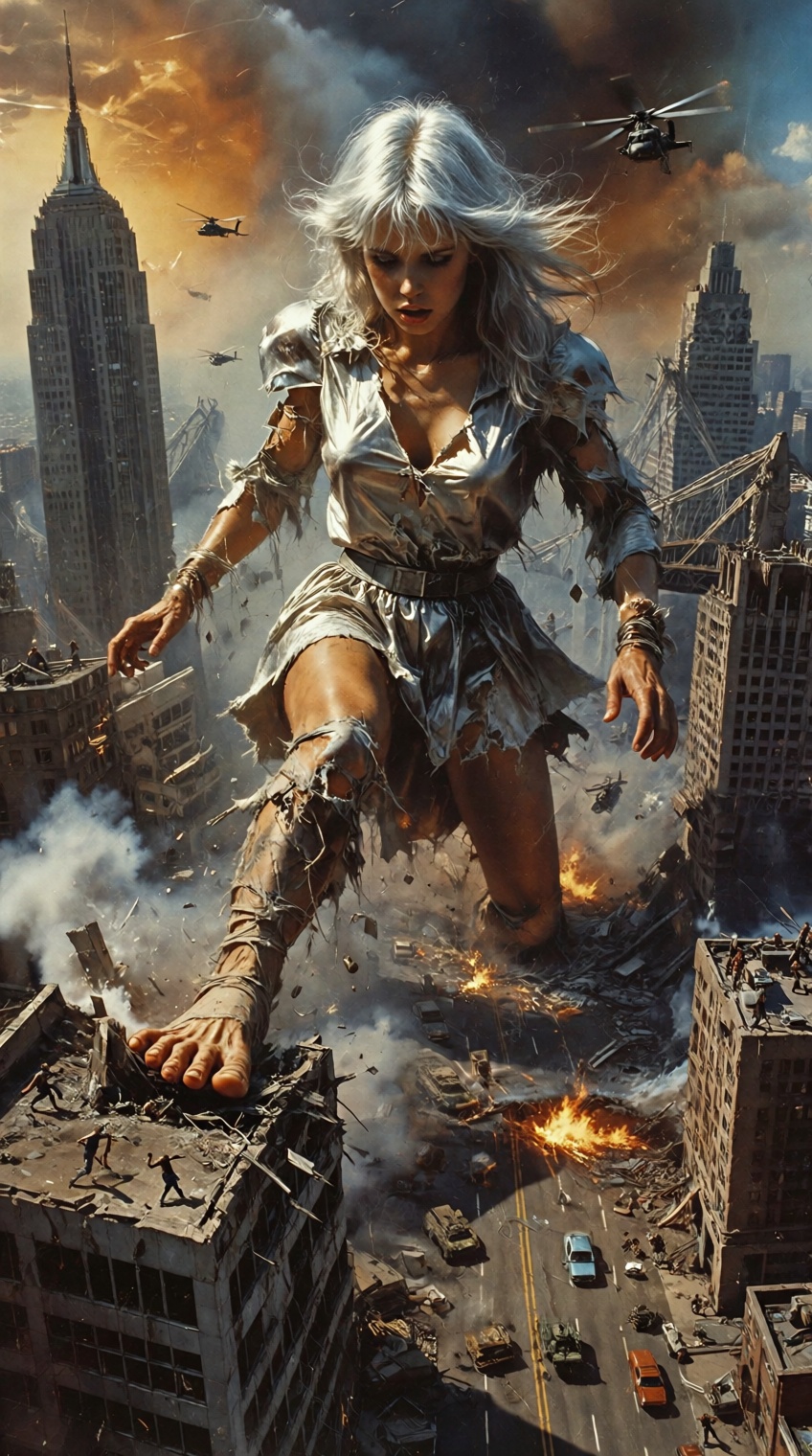 A raw and dramatic 1990s-style analog photograph captures a colossal silver-haired woman towering far above the city skyli...