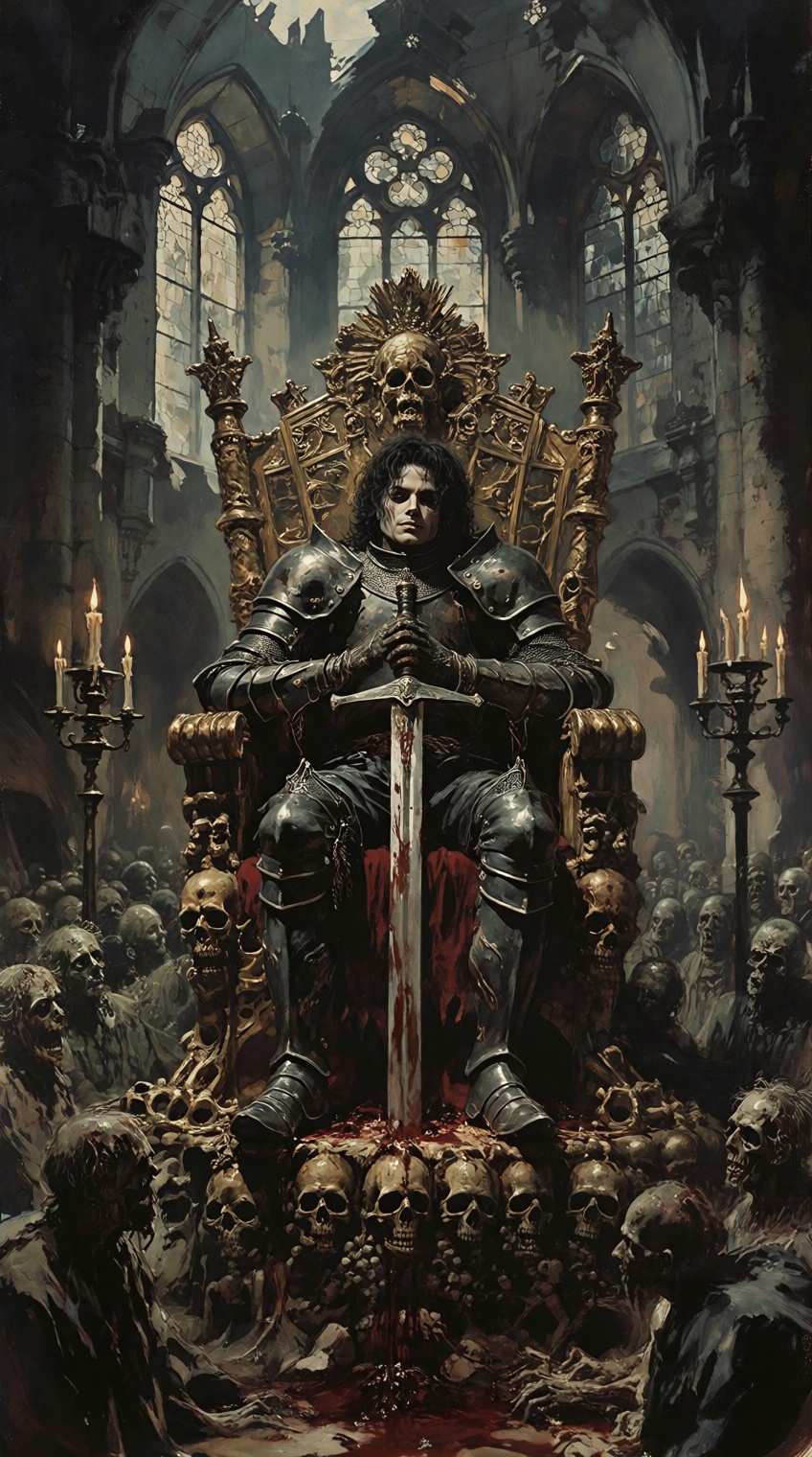 Dark fantasy art style painting,  dramatic wide shot,  heavy painterly textures and detailed oil brushstrokes. Michael Jac...