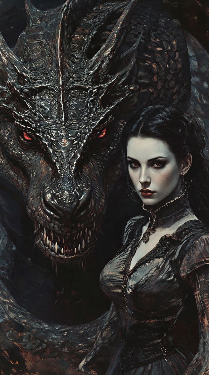 dark fantasy art style,  A close-up portrait painting of a pale woman with black hair and eyes standing next to a large da...