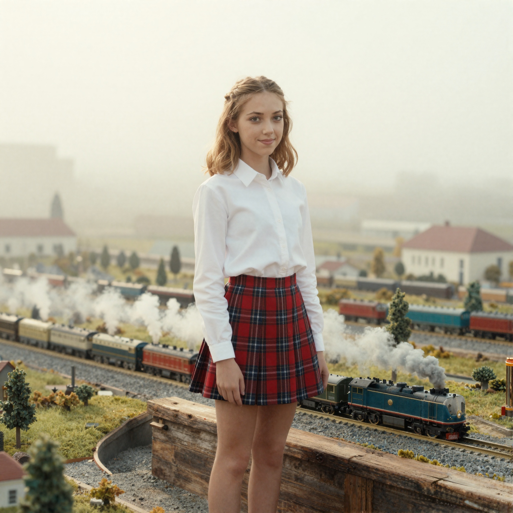 A photorealistic cinematic wide shot capturing a 19-year-old girl with an aura of quiet,  confident mystery; she is perfec...