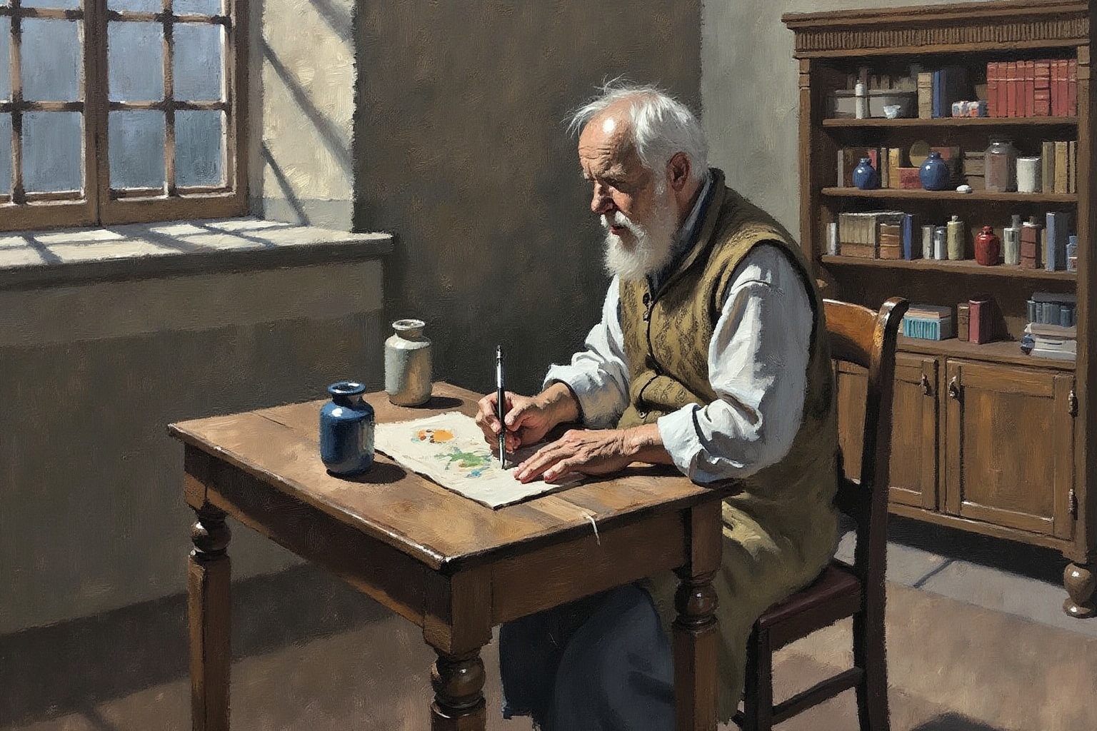 an impressionist oil painting on canvas of a quiet interior with subtle tones and soft greys of an elderly scribe sitting...