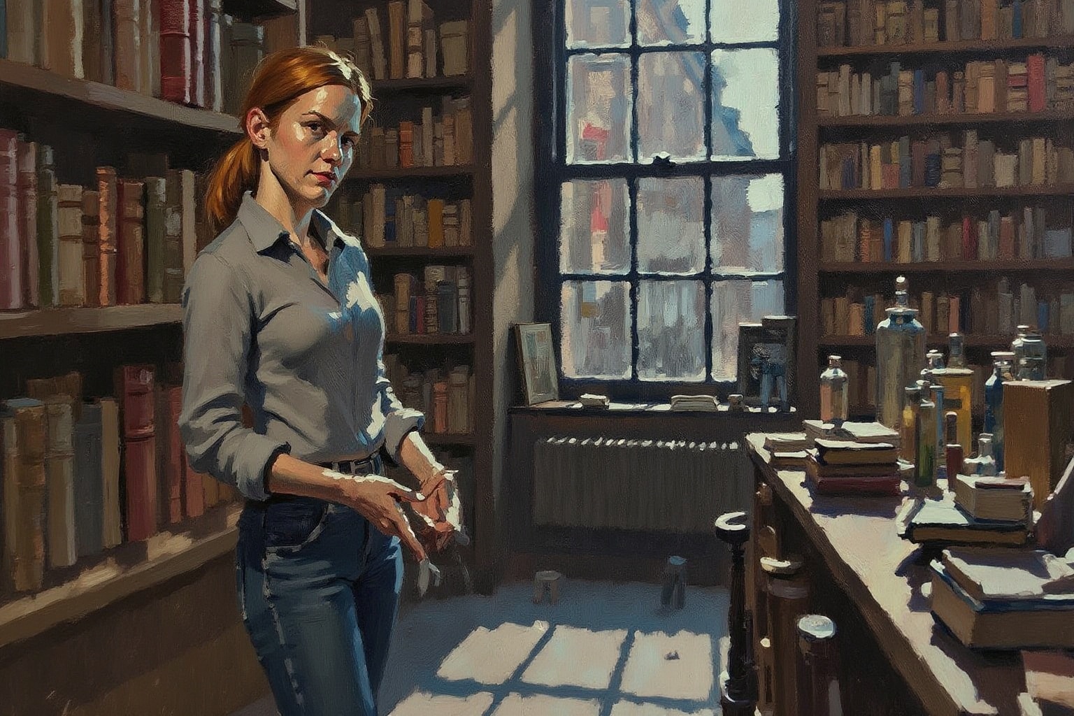 an impressionist oil painting on canvas of a magical bookshop,  beautiful woman wearing a grey collared shirt,  jeans on T...