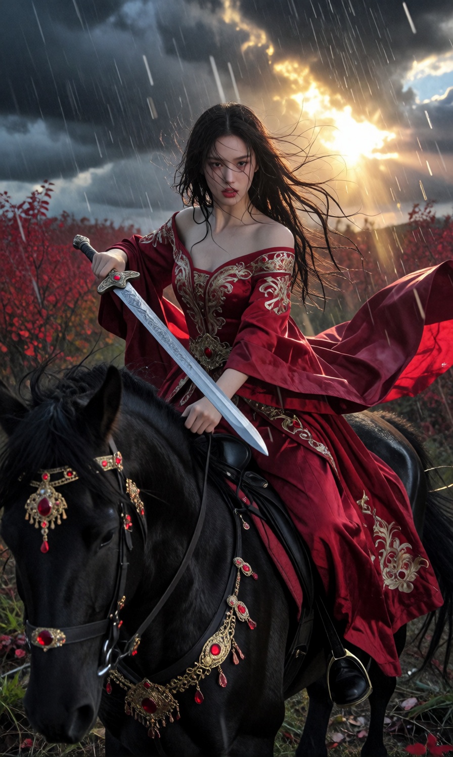 A majestic young woman mounted on a powerful black horse is the central subject of this epic scene,  captured in a dynamic...