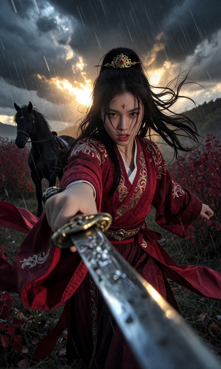 A fierce young woman is the central subject of this dynamic scene,  captured in an intense close up shot with extreme forc...