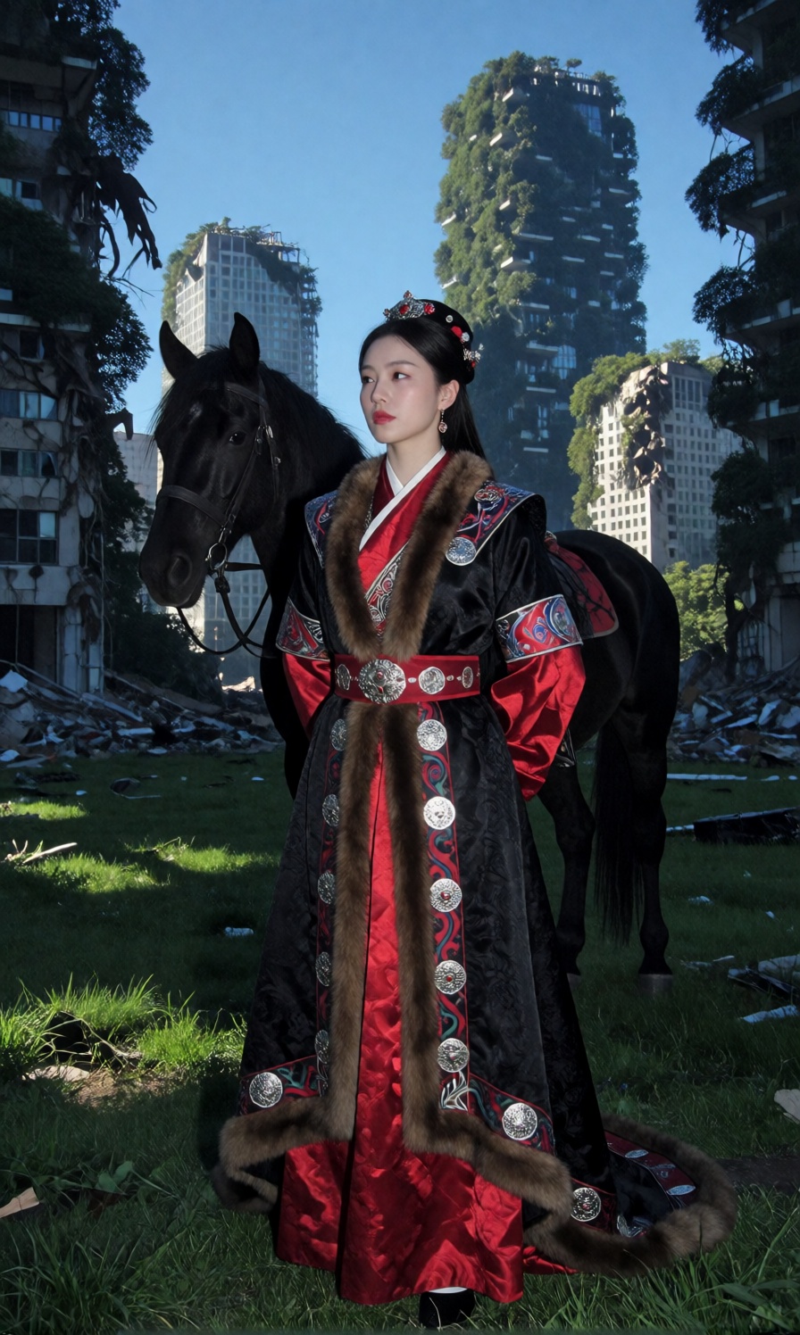 A beautiful princess stands perfectly still,  her hands clasped behind her back,  creating a proud and formal posture. Her...