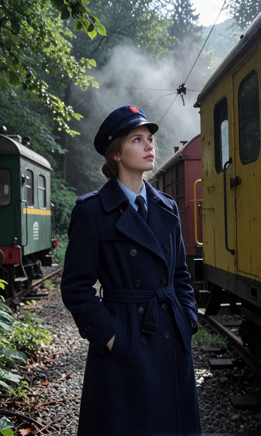 A beautiful princess wearing a heavy midnight blue wool coat and a matching uniform cap stands next to a yellow freight ca...