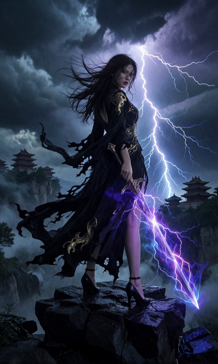 A powerful young woman is the singular subject of this dramatic scene,  captured in a full length shot from a low angle pe...