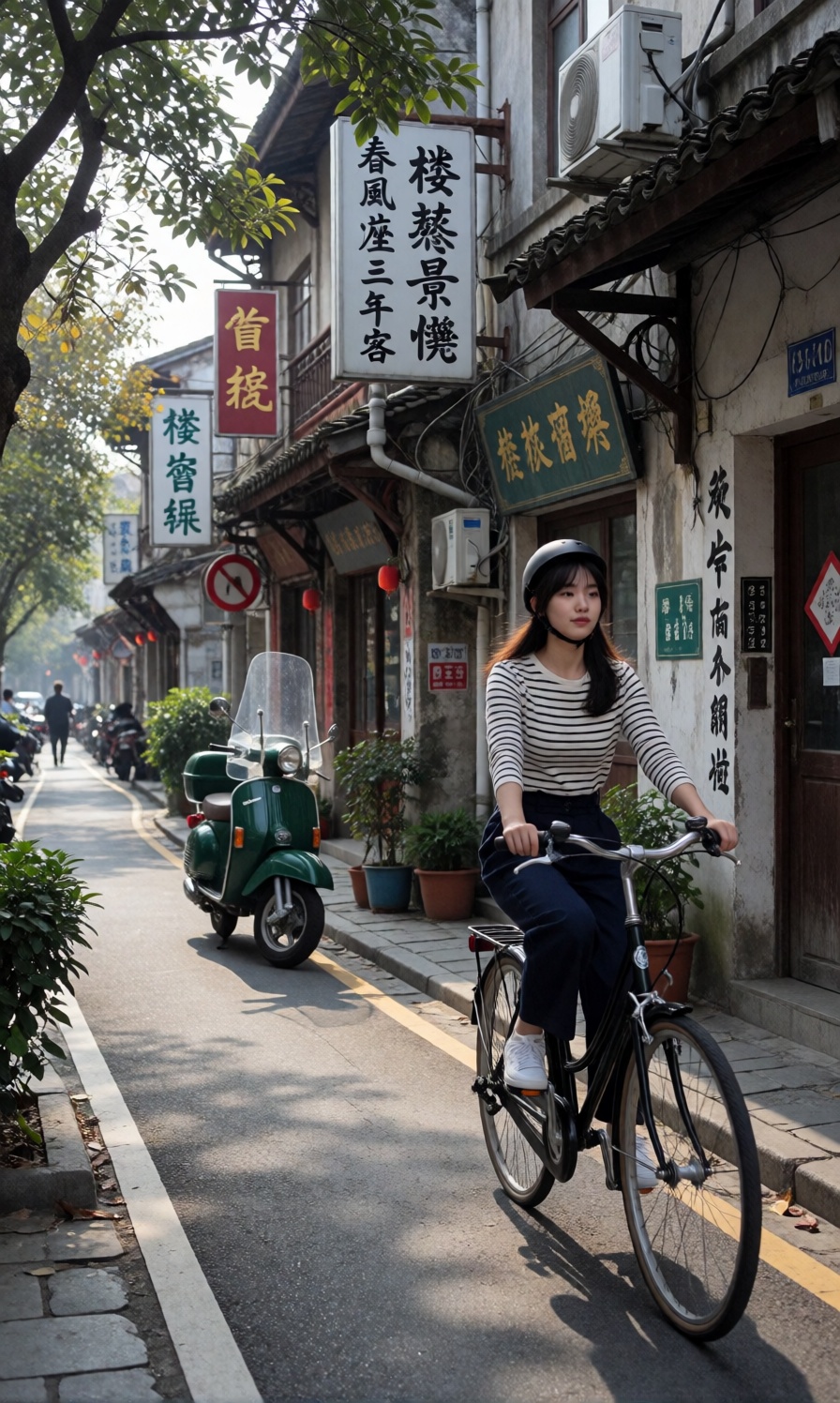 A beautiful,  detailed view of a newer section of the old town,  featuring a dedicated bicycle lane next to the aged stree...