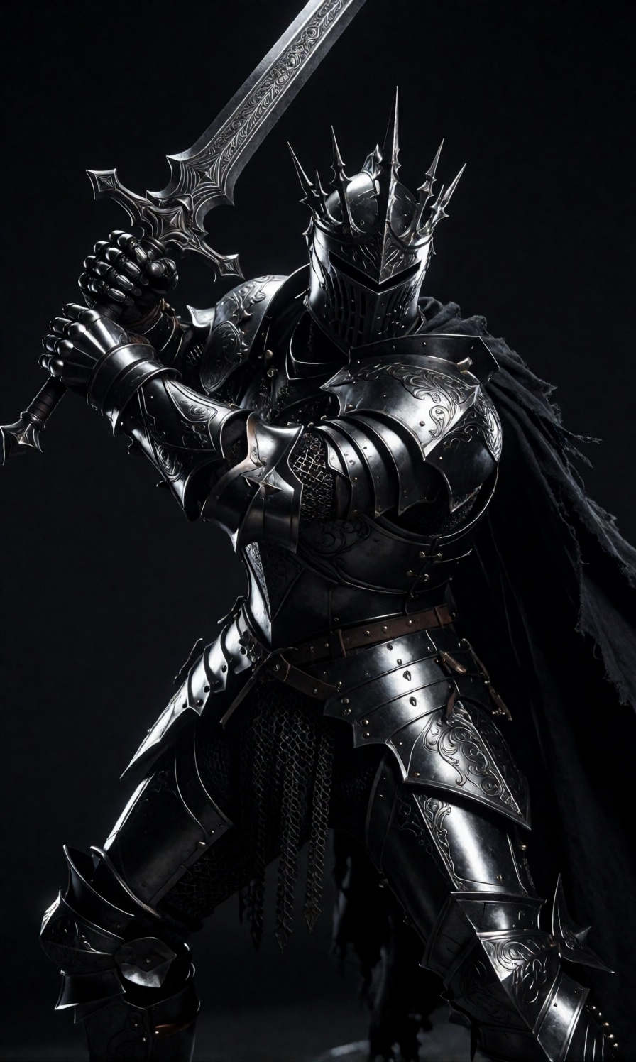 A formidable,  dark fantasy knight stands as the singular subject,  exuding a powerful and menacing presence in a medium s...