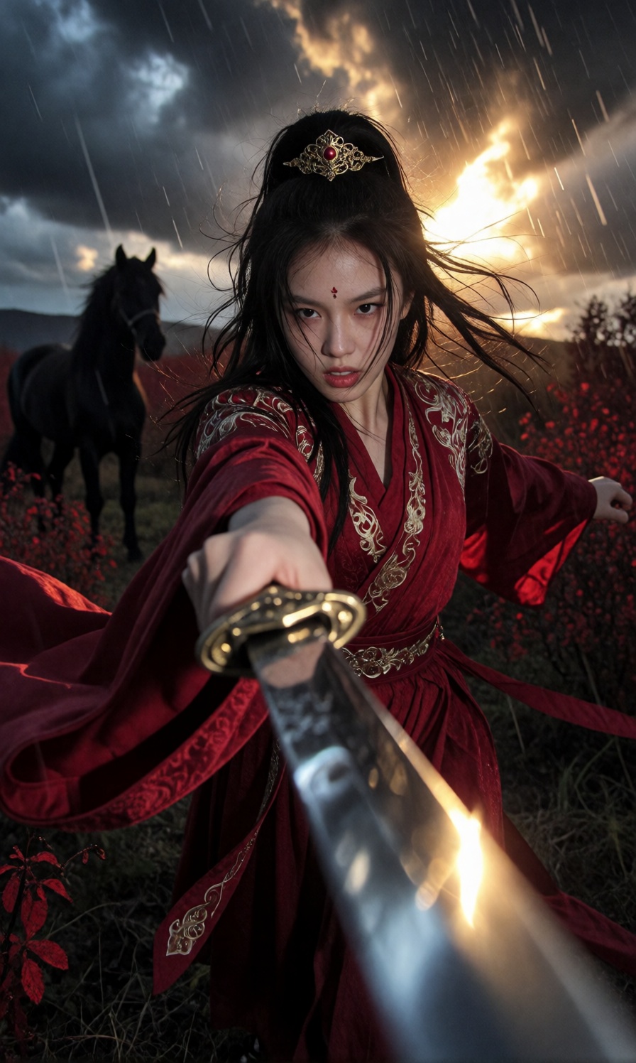 A fierce young woman is the central subject of this dynamic scene,  captured in an intense close up shot with extreme forc...