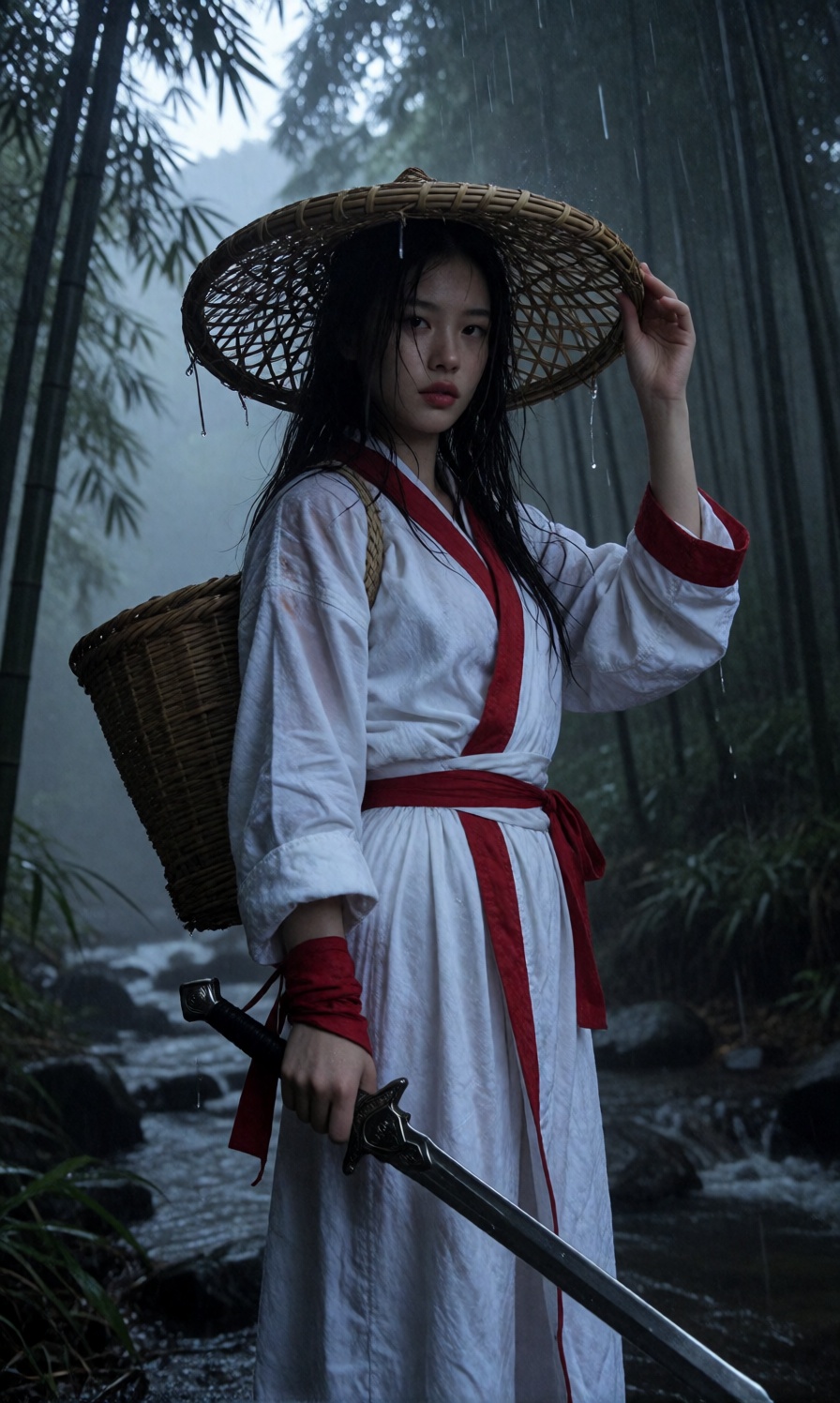 A striking young woman is the central subject of this moody and cinematic scene,  captured in a three quarter length mediu...