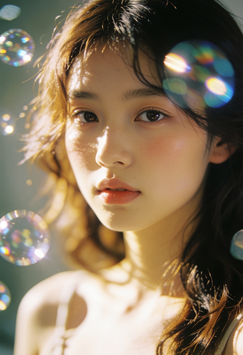 ulzzang,  A dreamy and ethereal portrait of a young woman with soft,  wavy brown hair illuminated by cascading sunlight. H...