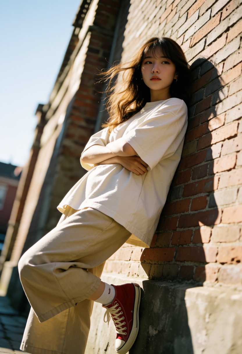 ulzzang,  A cinematic,  high-fashion street portrait featuring a young Asian woman leaning casually against an aged brick...