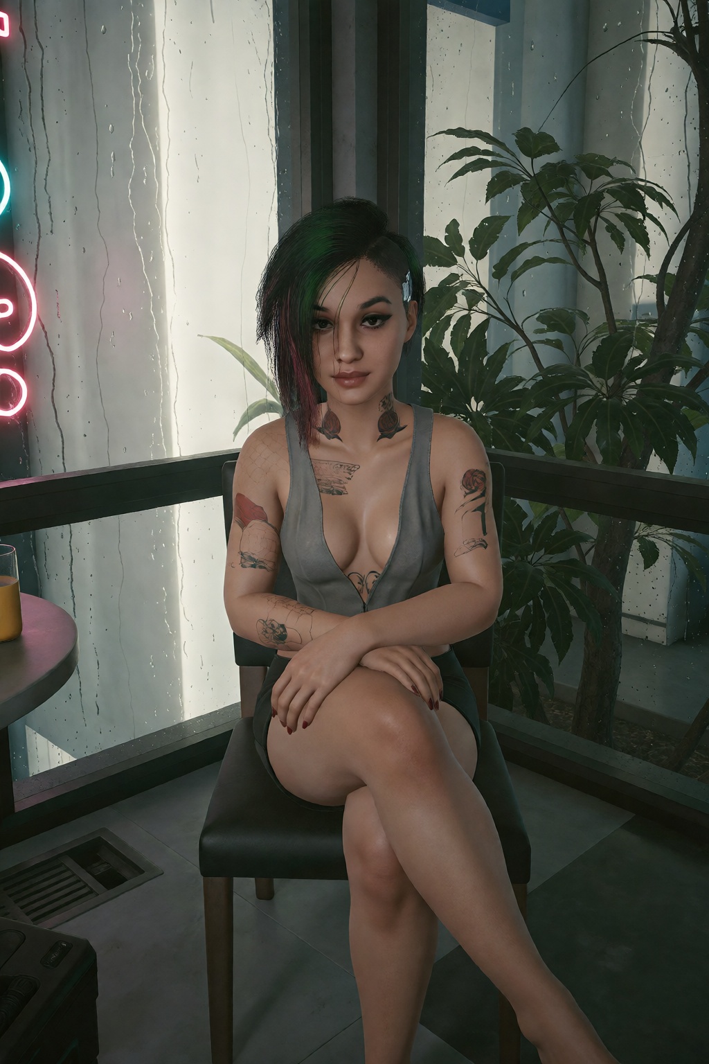 Judy Alvarez from cyberpunk with exaggerated features sitting in a corner and crossing her legs,  looking up at viewer The...