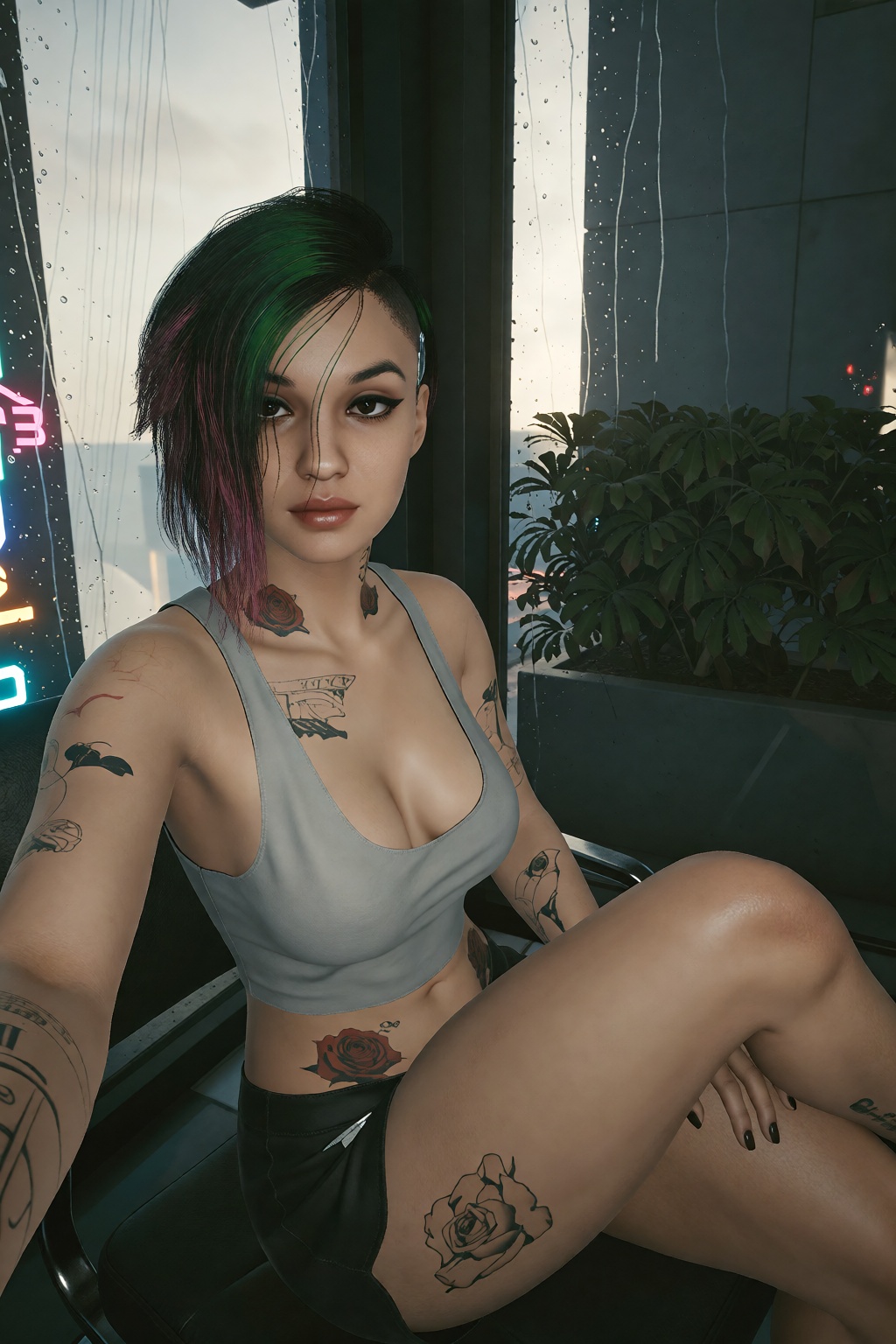 Selfie Judy Alvarez from Cyberpunk with exaggerated features sitting in a corner and crossing her legs The setting is a mo...