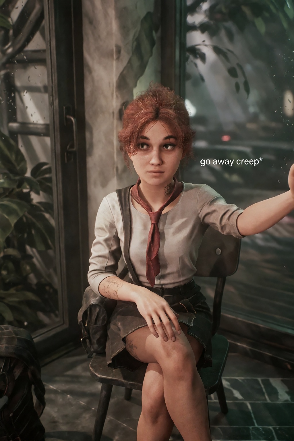 Selfie Maelle from expedition 33 with exaggerated features sitting in a corner and crossing her legs,  with a school unifo...