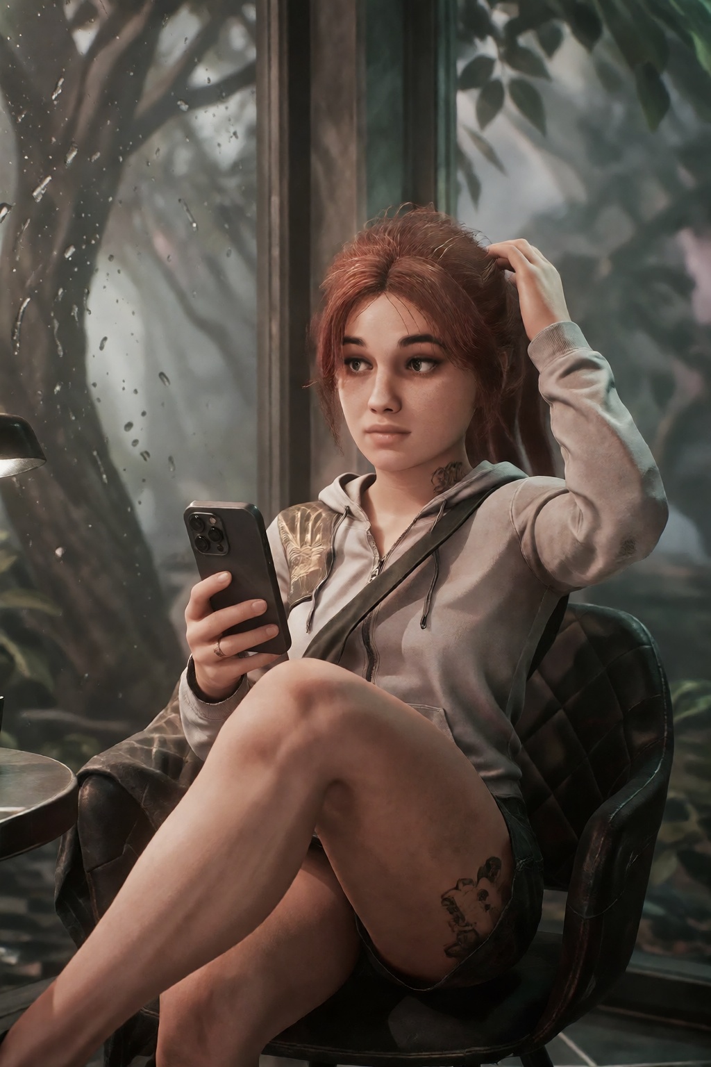 Selfie Maelle from expedition 33 with exaggerated features sitting in a corner and crossing her legs,  with a hoddie,  hol...