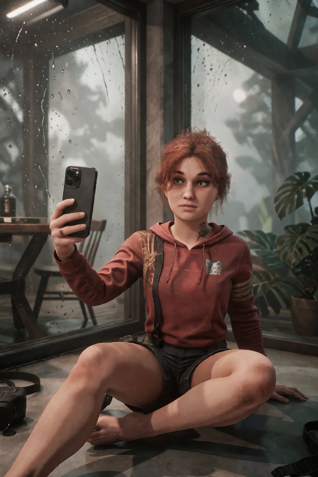 Selfie Maelle from expedition 33 with exaggerated features sitting in a corner and crossing her legs,  with a hoddie The s...