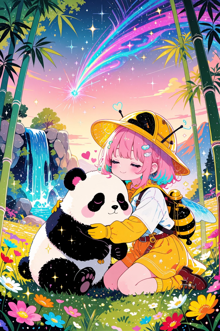 Kawaii anime girl in beekeeper outfit hugging her sleepy panda under tall bamboo trees in a flower-filled meadow,  beautif...