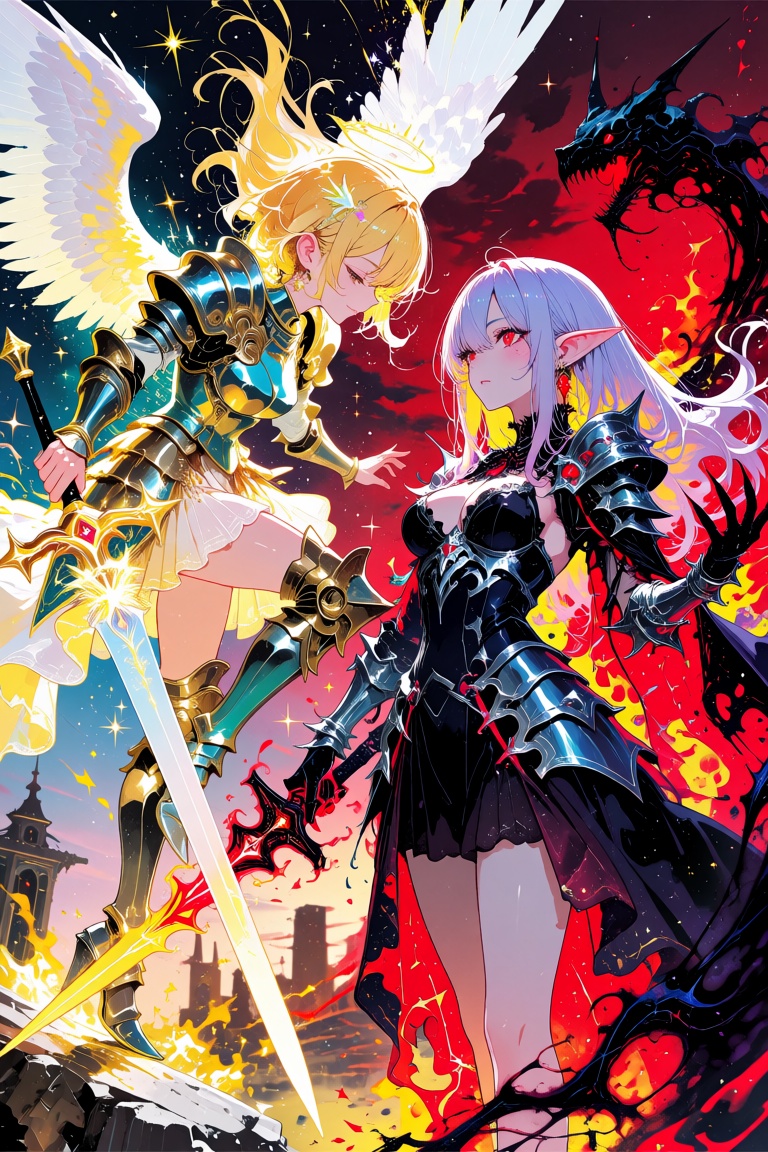 concept art,  two fantasy warriors,  golden-haired angelic knight on Tensor.Art
