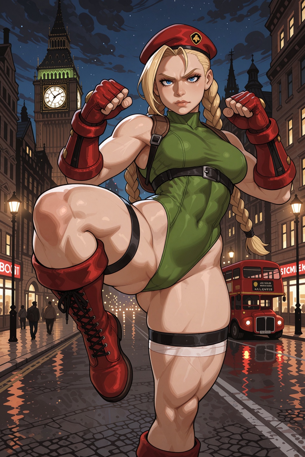 Vv.LXVIII - Acumen,  upper body focused shot,  cammy white is standing in a fighting high kick pose with a serious express...