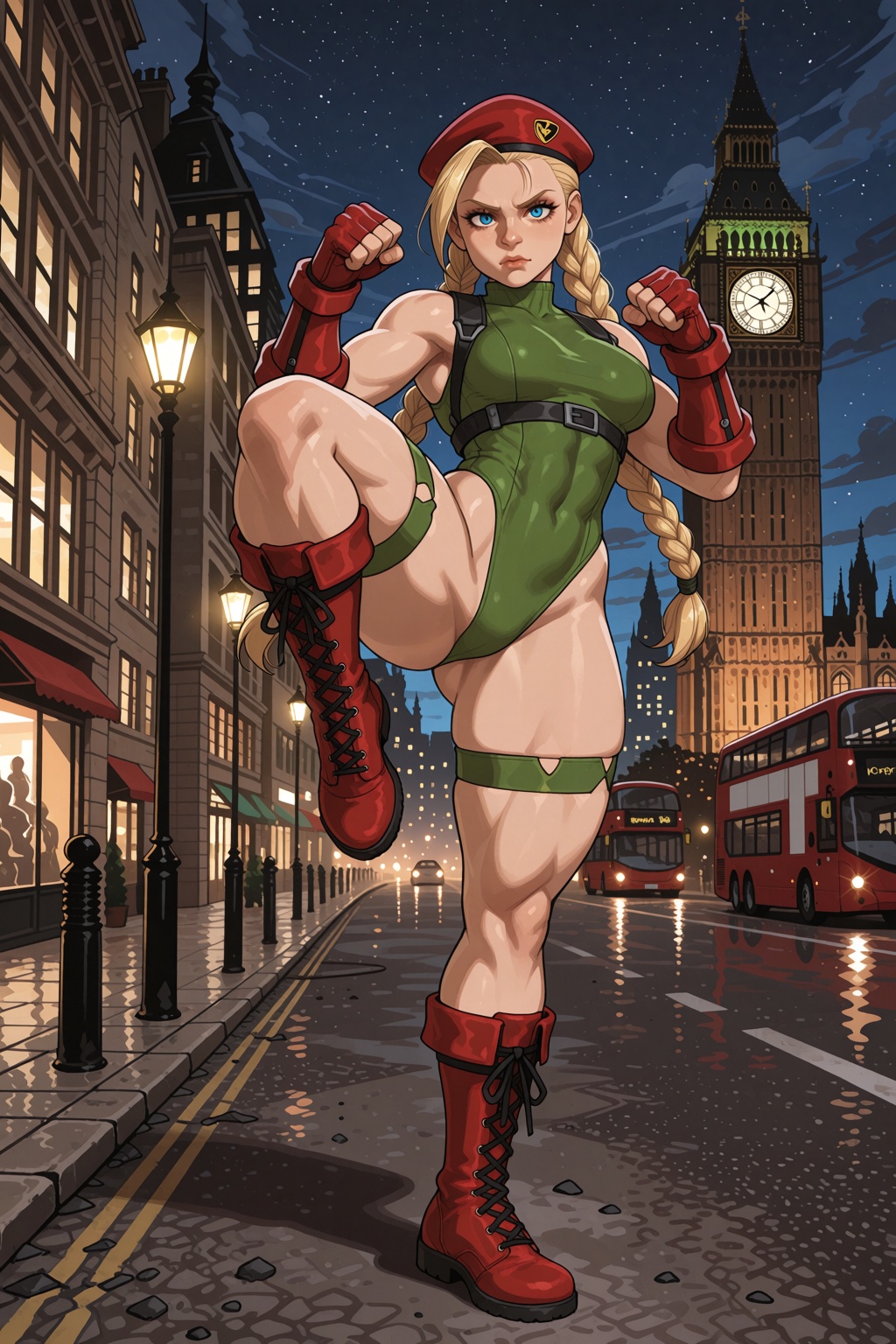 Vv.LXVIII - Acumen,  cammy white is standing in a fighting high kick pose with a serious expression on her face,  she has...