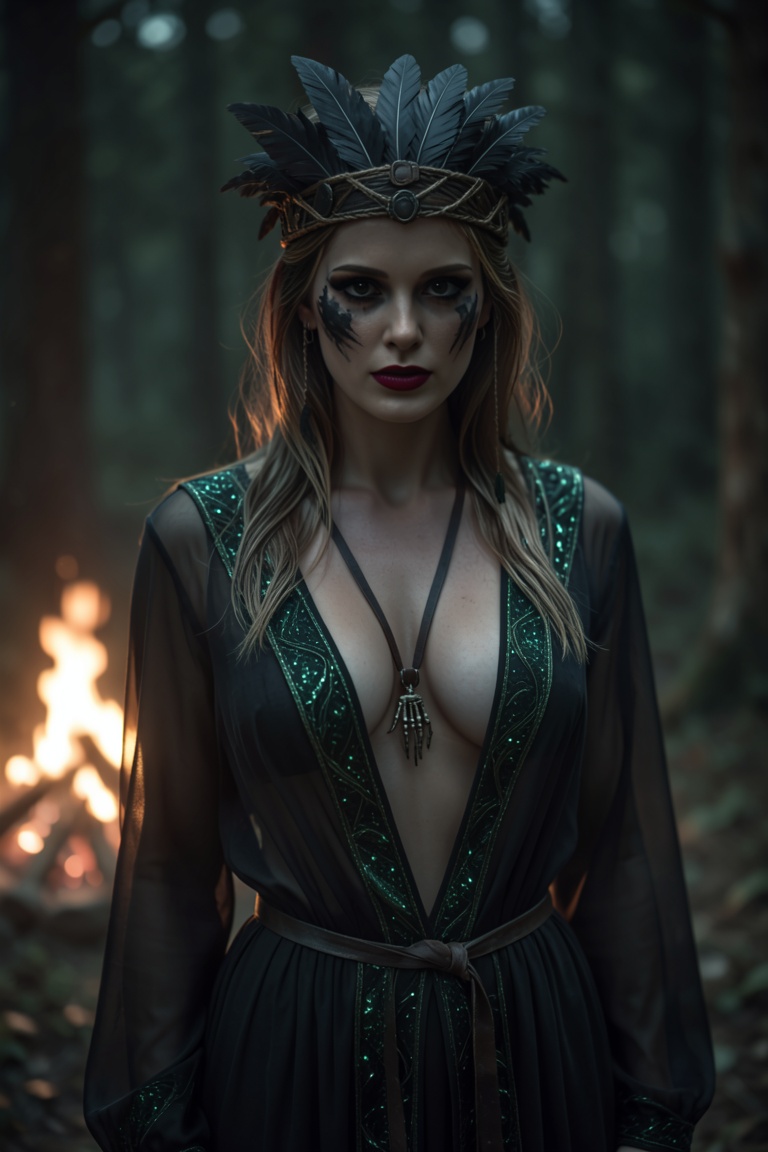 A realistic cinematic photgraphic still image. A mysterious druid woman with long light brown hair,  wearing a headress ma...