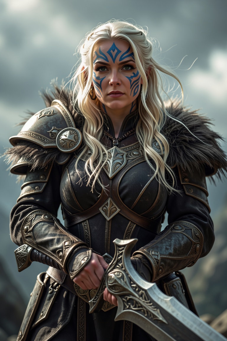 High-resolution,  fantasy-themed portrait of a dwarf woman dressed as a warrior. The layout is vertical,  focusing on the...
