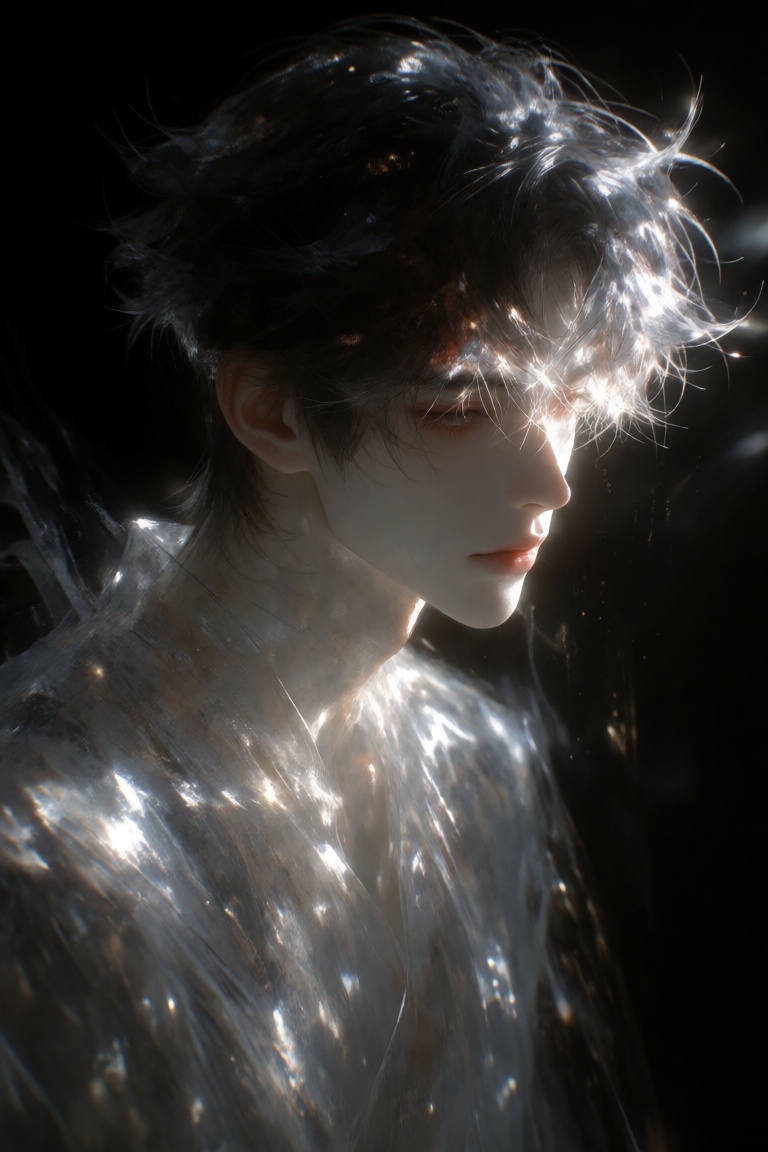 Naturallight,  [黑粉青粒子与墨色笔触晕染的混沌背景],  模糊男形体与失焦重影相互浮沉的纠缠关系 on Tensor.Art