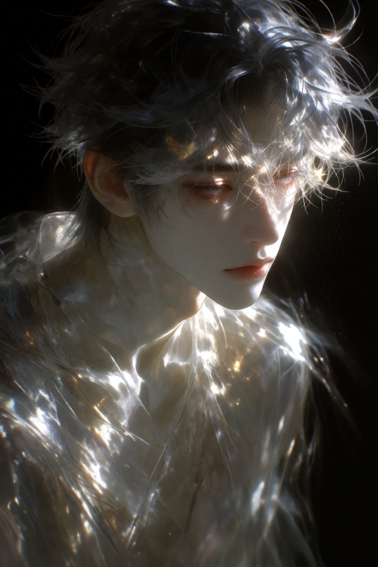Naturallight,  [黑粉青粒子与墨色笔触晕染的混沌背景],  模糊男形体与失焦重影相互浮沉的纠缠关系 on Tensor.Art