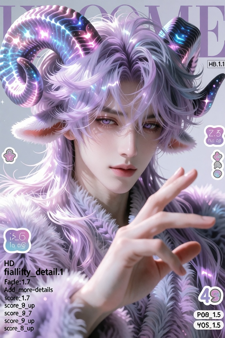 1man,  male focus,  galaxy pastel-colored ram horns(shades:lavender on Tensor.Art