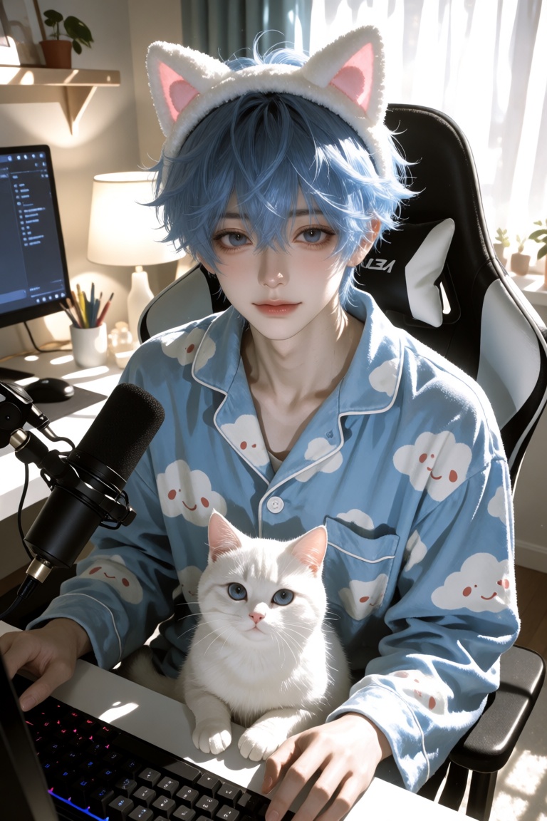 1 solo Boy,  anime style male streamer,  blue hair on Tensor.Art