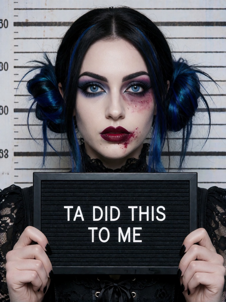 A highly realistic mugshot photo of a beautiful young goth woman with pale skin and striking blue eyes. she has a bruised...