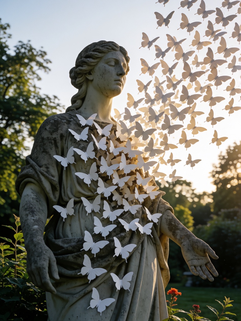 concept art photograph,  thousands of white paper butterflies erupting from the open chest of a stone garden statue,  thre...