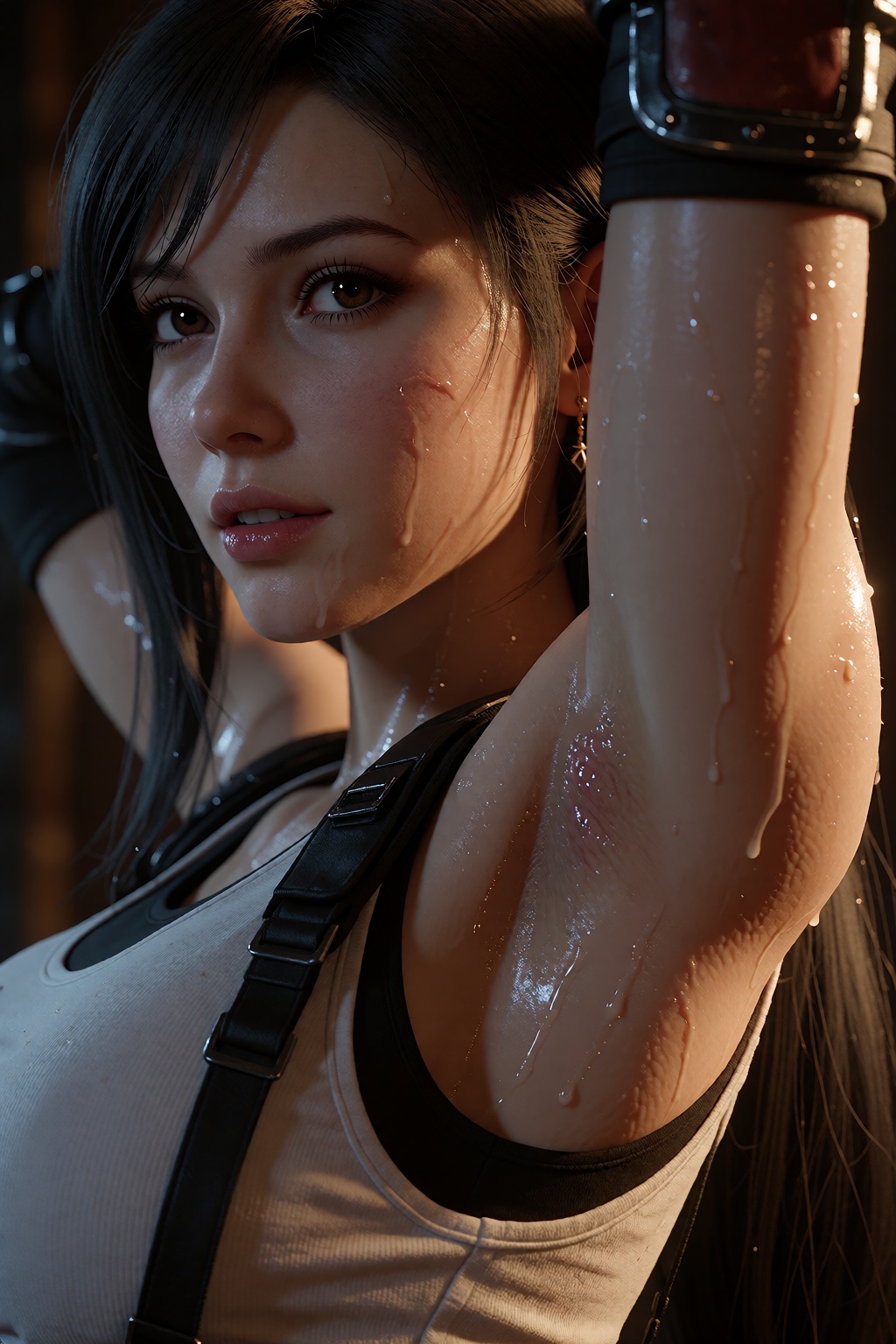 TifaLockhart,  she puts her hands behind her head,  her skin is glistening with oil on Tensor.Art