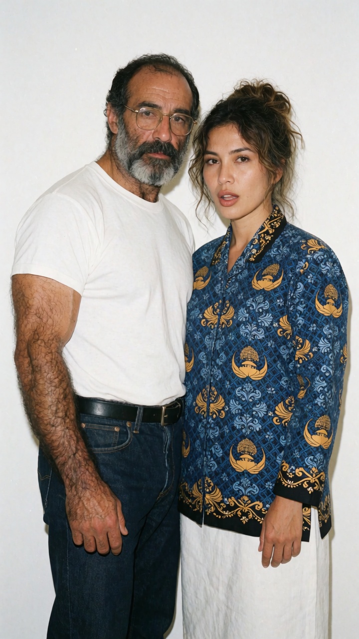 A raw direct flash photograph in the style of Terry Richardson,  a hairy middle-aged arab man and Indonesian woman posing...